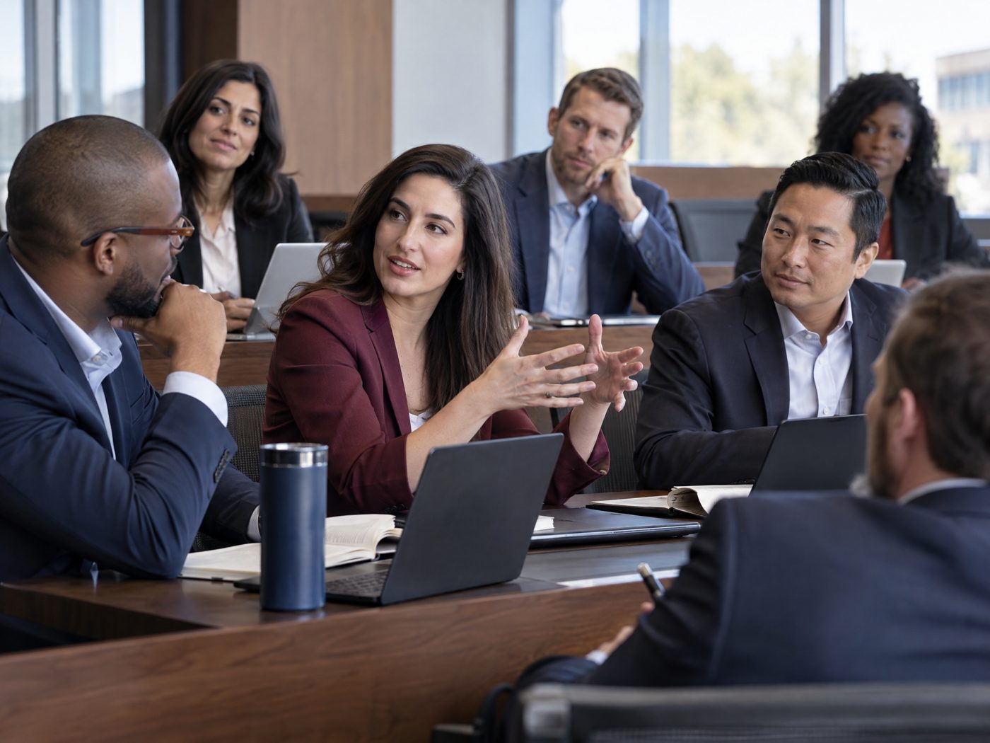 International professionals in a collaborative leadership seminar