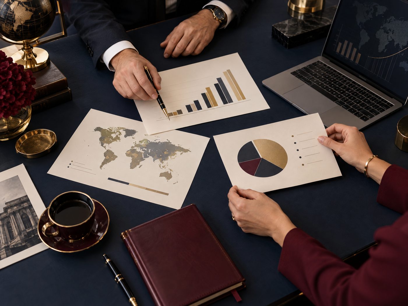 Business strategy charts and global market analysis
